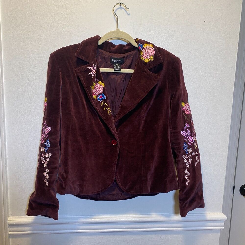 Boho Velvet Floral Embroidered Jacket Blazer Maroon Purple Bohemian Persaman NY